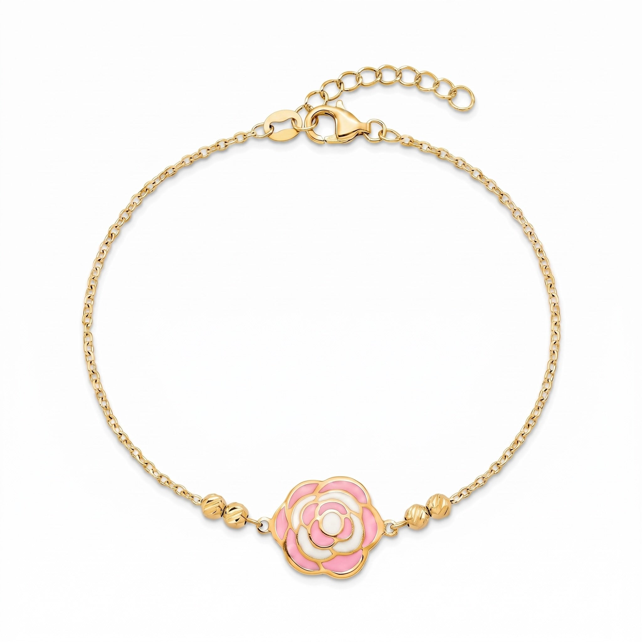 18K Yellow Gold Pink & White Enamel Rose Chain Bracelet