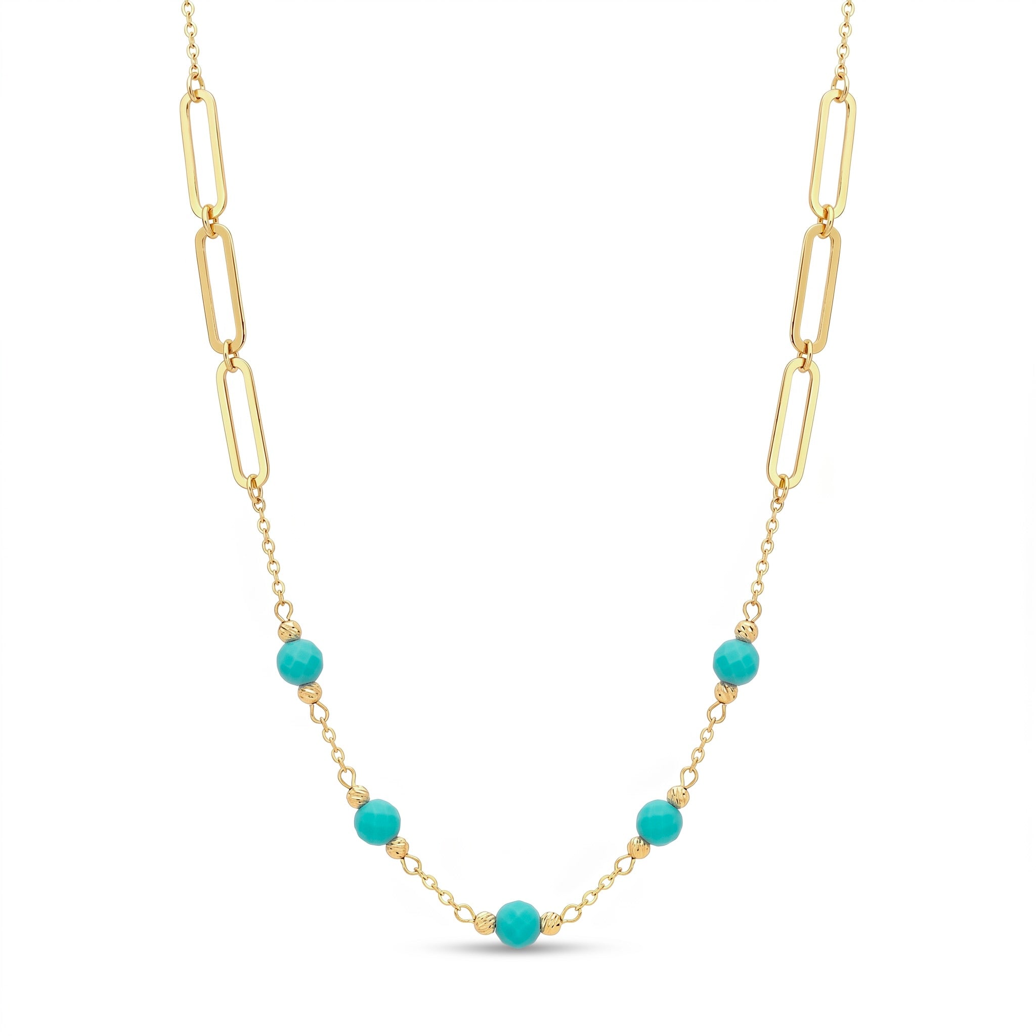 18K Yellow Gold Turquoise Bead Paperclip Chain Necklace