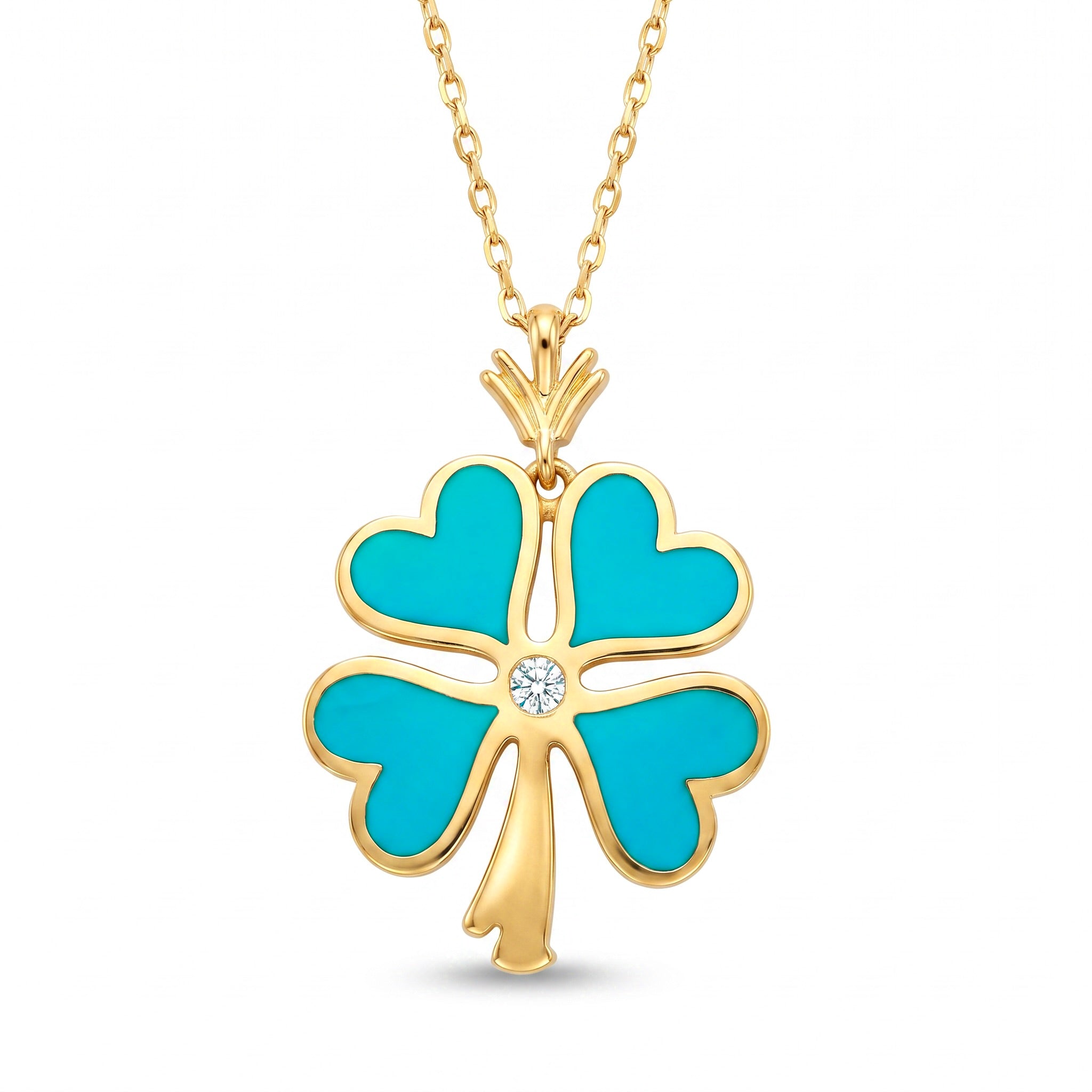 18K Yellow Gold Cubic Zirconia Blue Enamel Clover Necklace