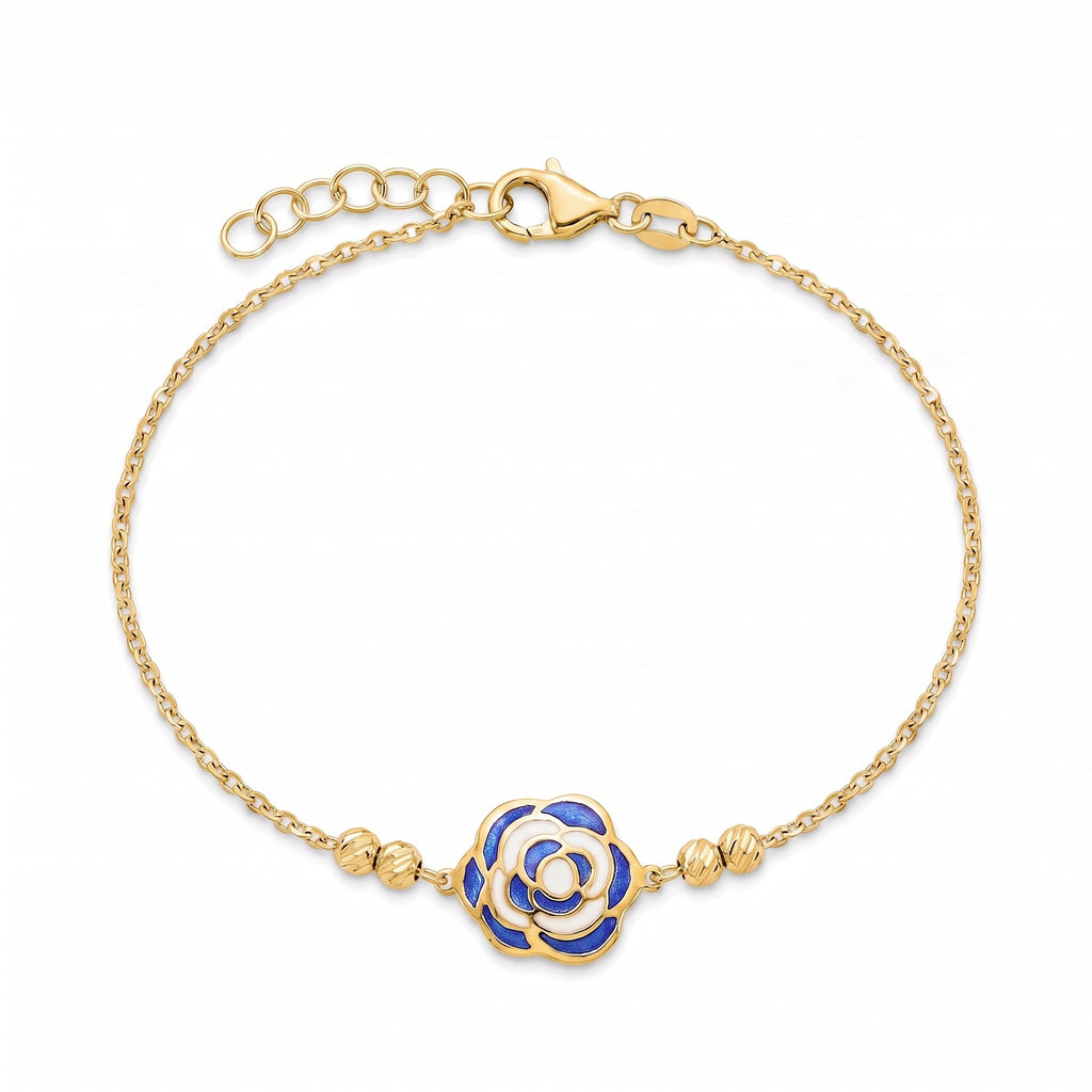 18K Yellow Gold Blue & White Enamel Rose Chain Bracelet