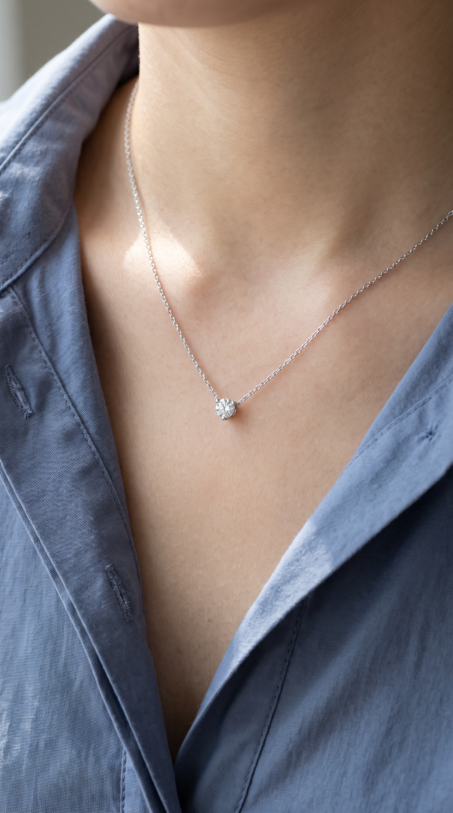 Diamond White Gold Round Solitaire Chain Necklace
