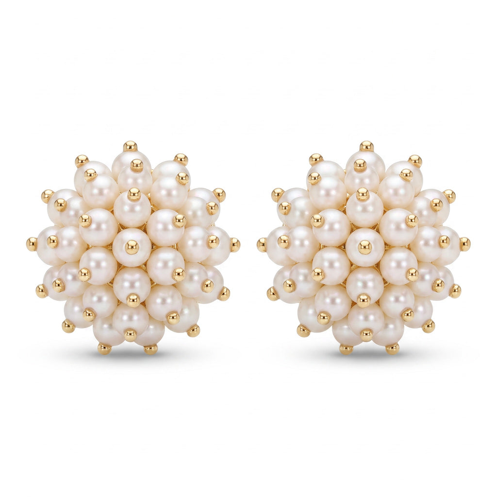 18K Yellow Gold White Pearls Stud Earring