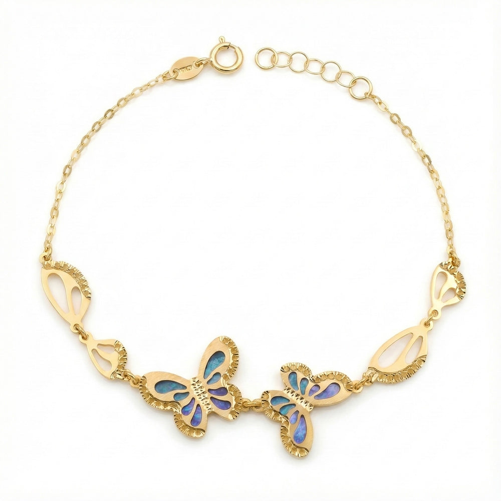 18K Yellow Gold Mother Of Pearl Butterfly Chain Bracelet