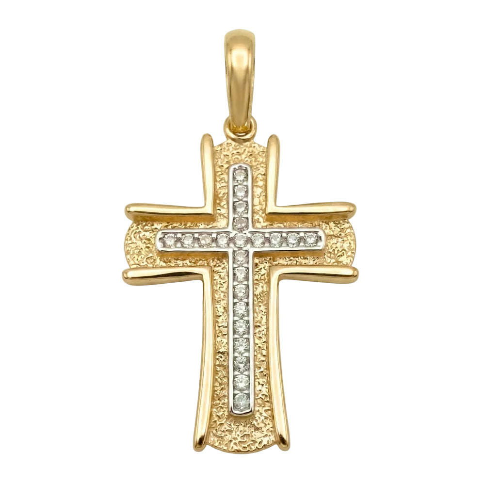 18K Two Tone Gold Cubic Zirconia Cross Pendant