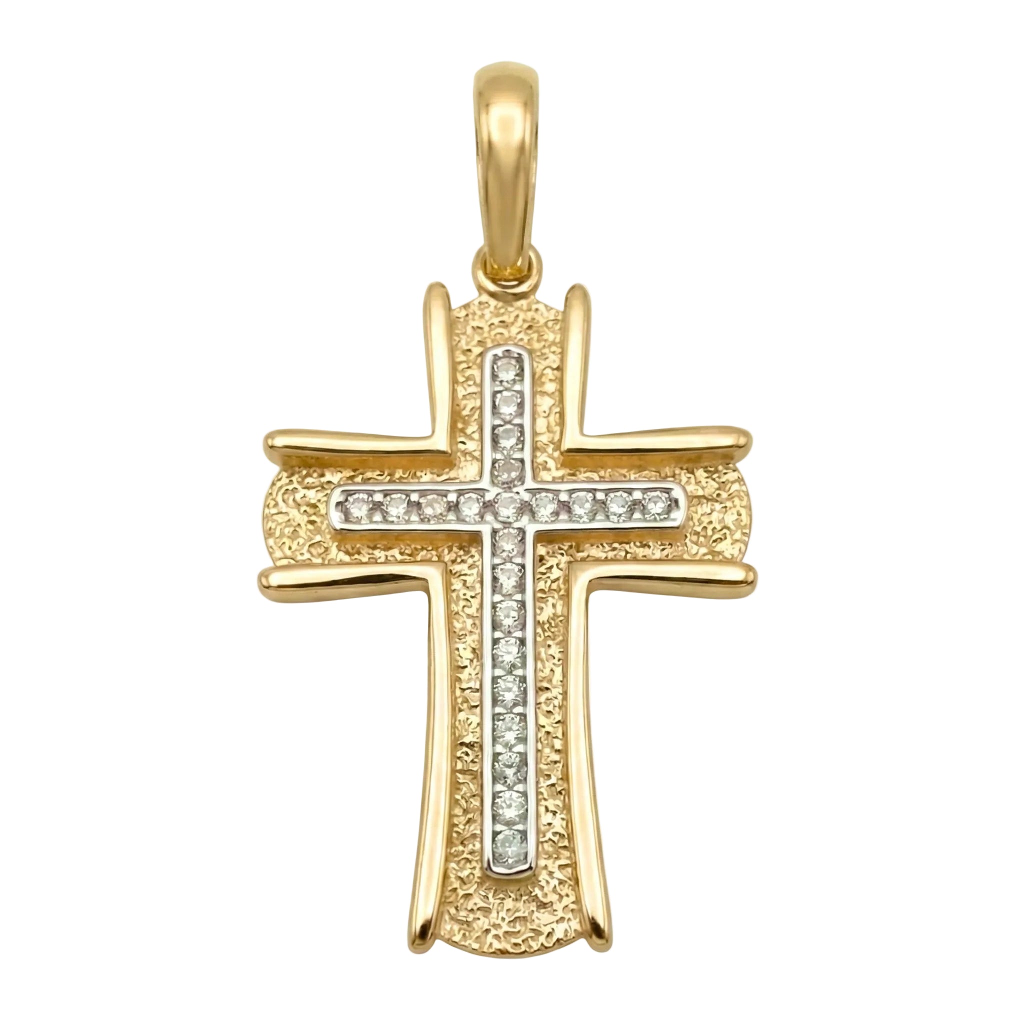 18K Two Tone Gold Cubic Zirconia Cross Pendant