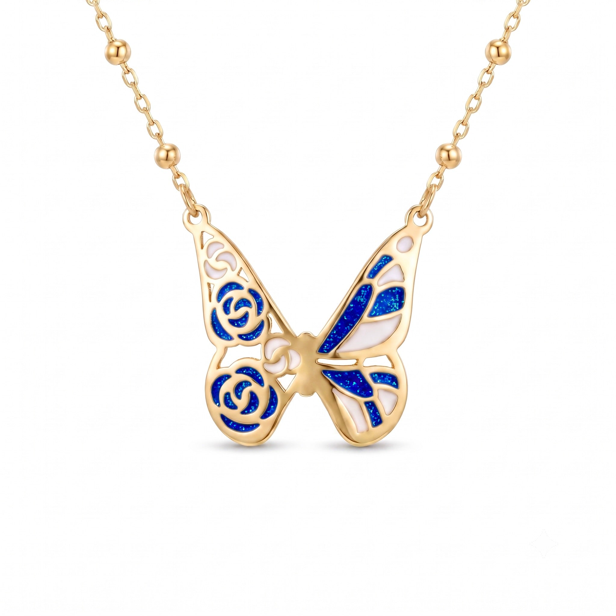 18K Yellow Gold Beaded White & Blue Enamel Butterfly Necklace