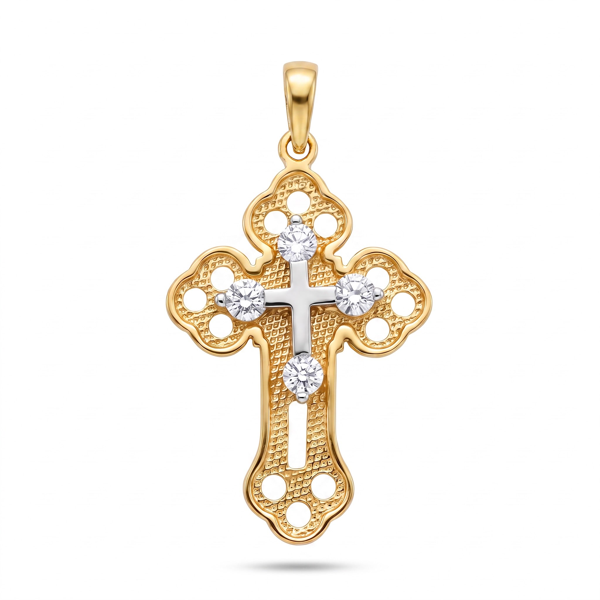 18K Two Tone Gold Cubic Zirconia Cross Pendant