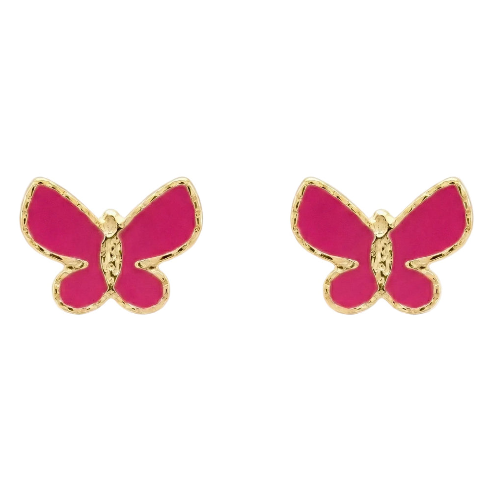 18K Yellow Gold Pink Enamel Butterfly Stud Earring