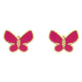 18K Yellow Gold Pink Enamel Butterfly Stud Earrings