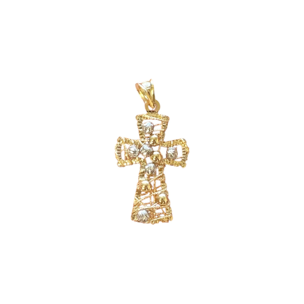 18K Two Tone Gold Small Wire Bead Cross Pendant