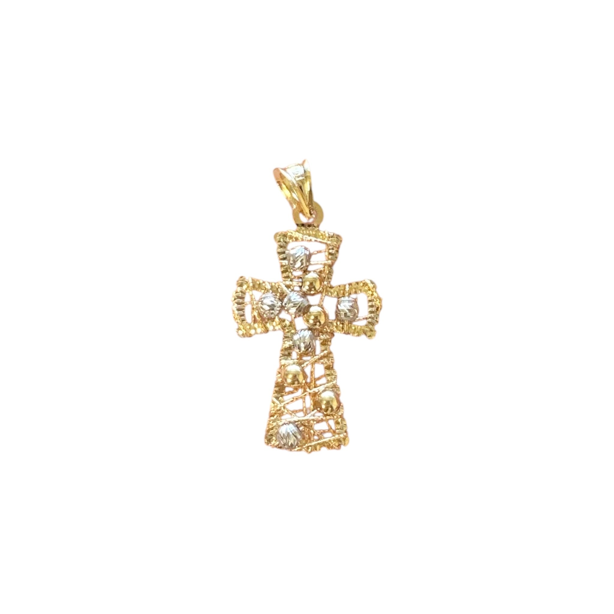 18K Two Tone Gold Small Wire Bead Cross Pendant