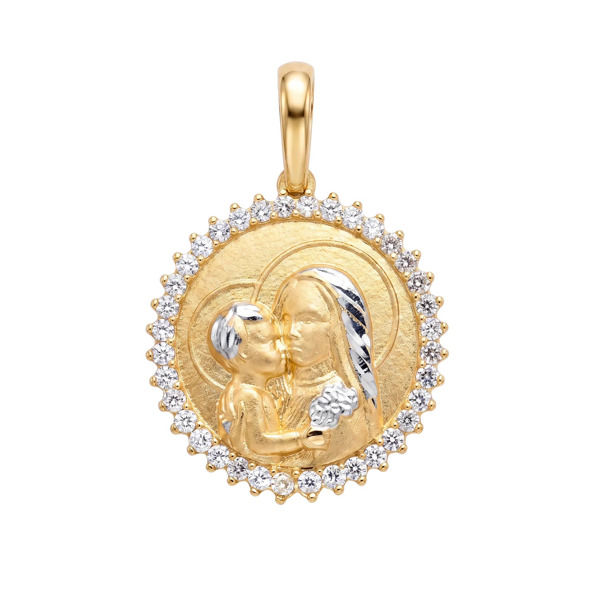 18K Two Tone Gold Cubic Zirconia St. Mary & Jesus Icon Pendant