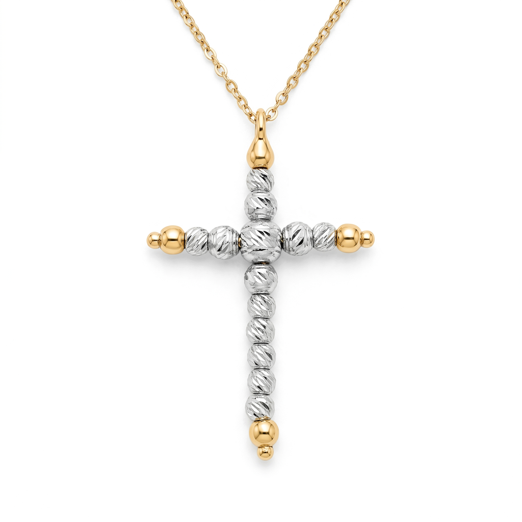18K Two Tone Gold Beaded Cross Necklace