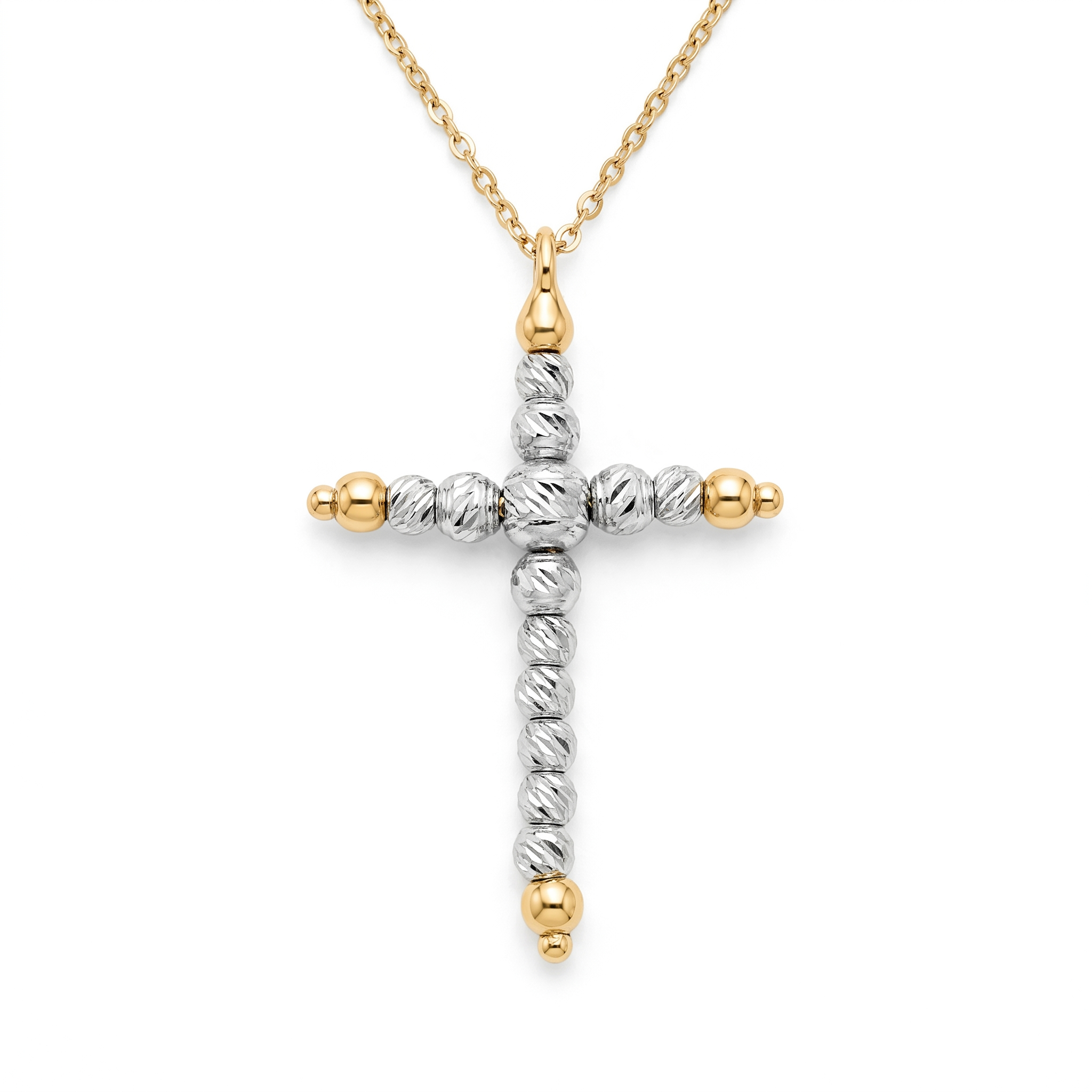 18K Two Tone Gold Beaded Cross Necklace