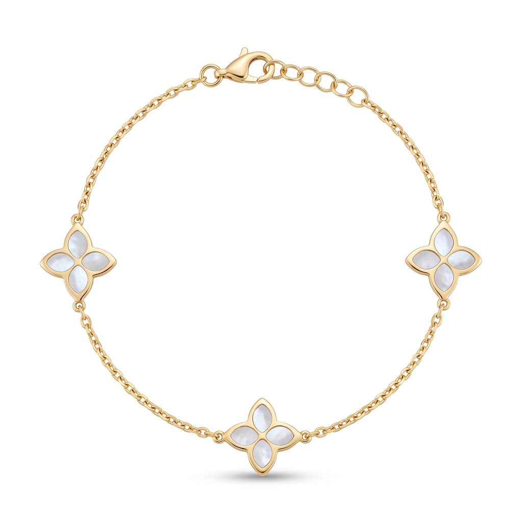 18K Yellow Gold Mother Of Pearl Clover Chain Bracelet