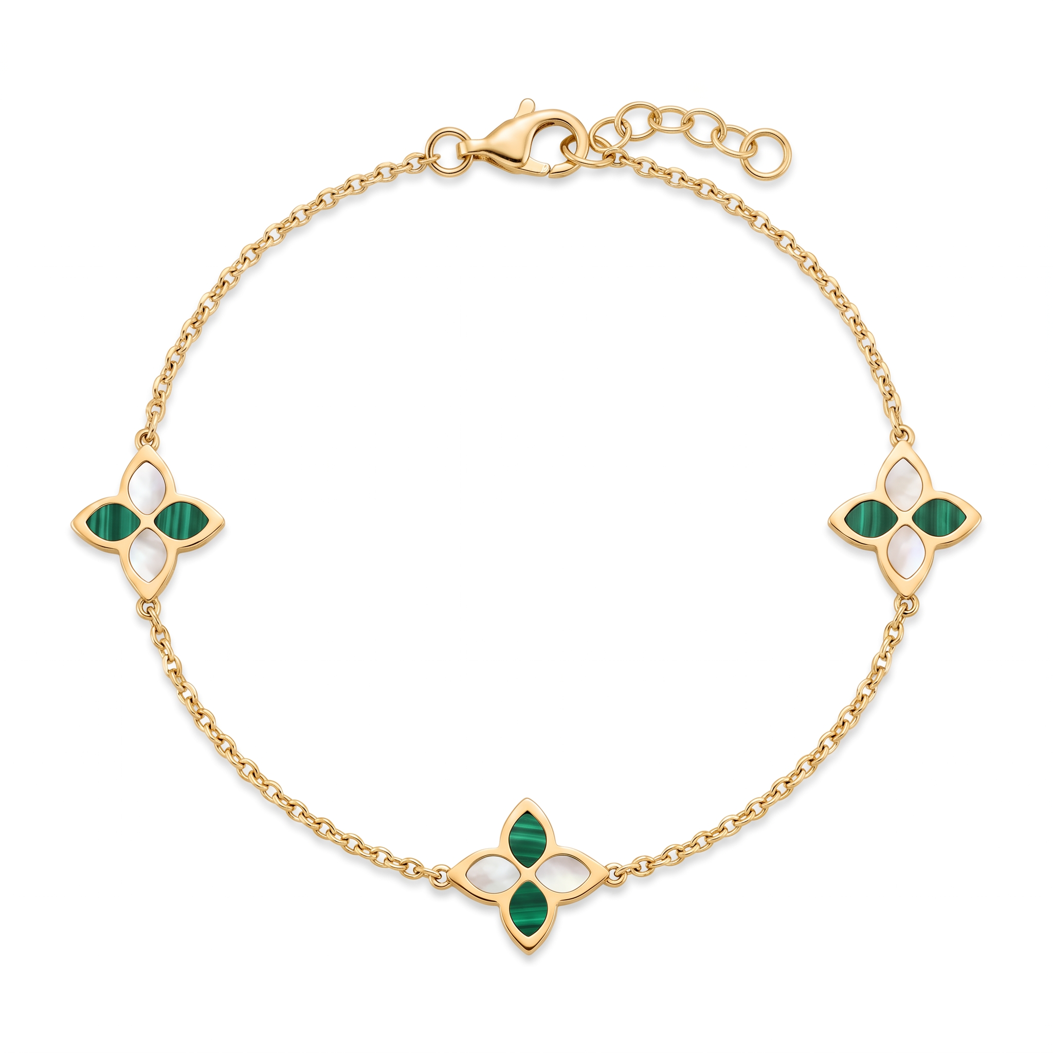 18K Yellow Gold Mother Of Pearl & Malachite Chain Bracelet