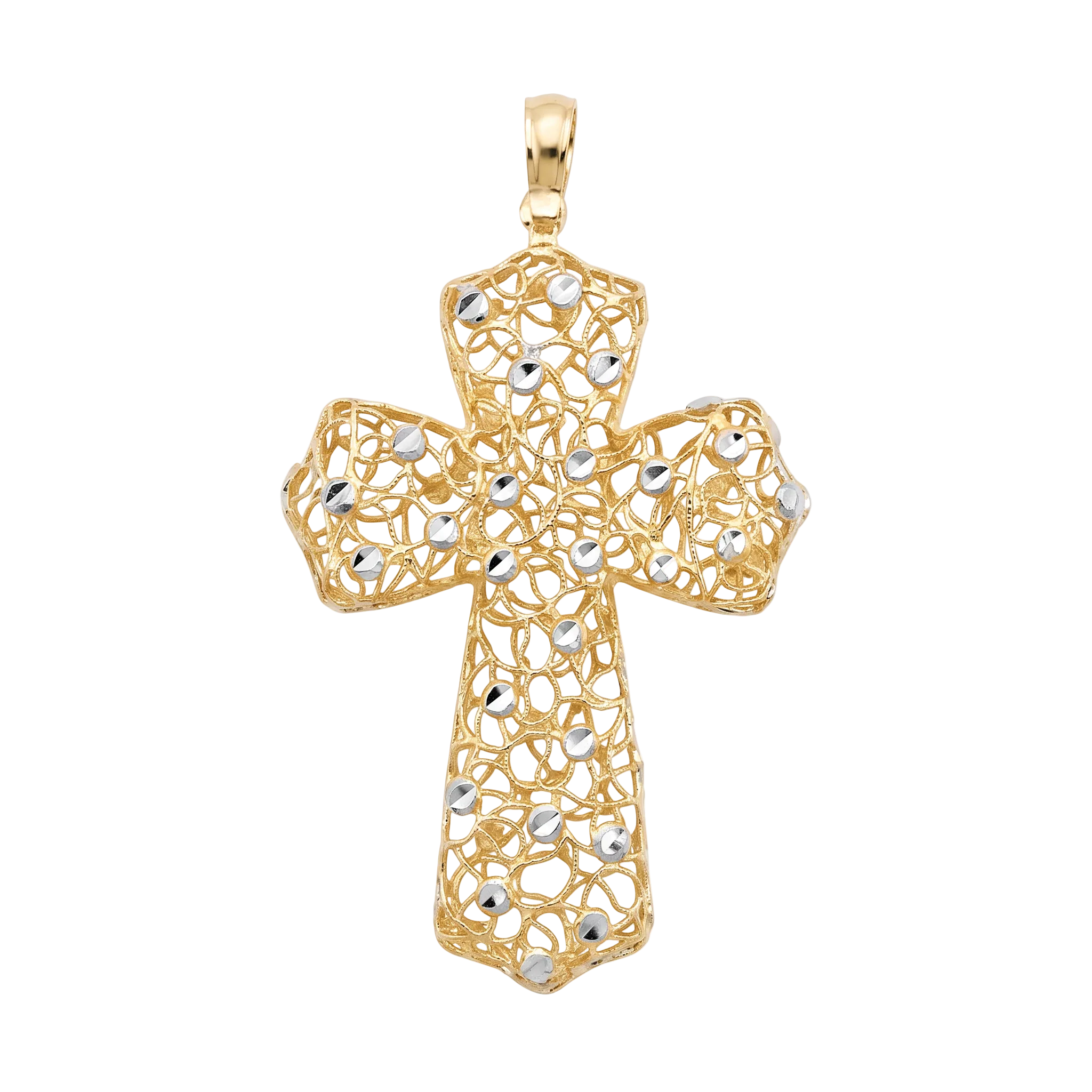 18k Gold Two Tone Filigree Openwork Cross Pendant