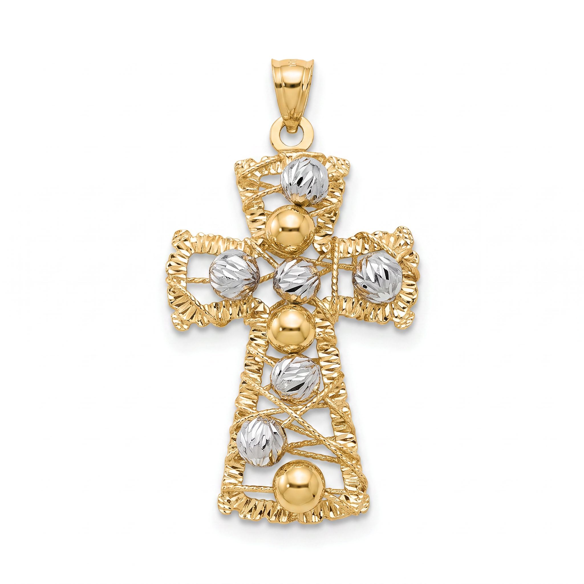 18K  Two Tone Gold Medium Wire Bead Cross Pendant