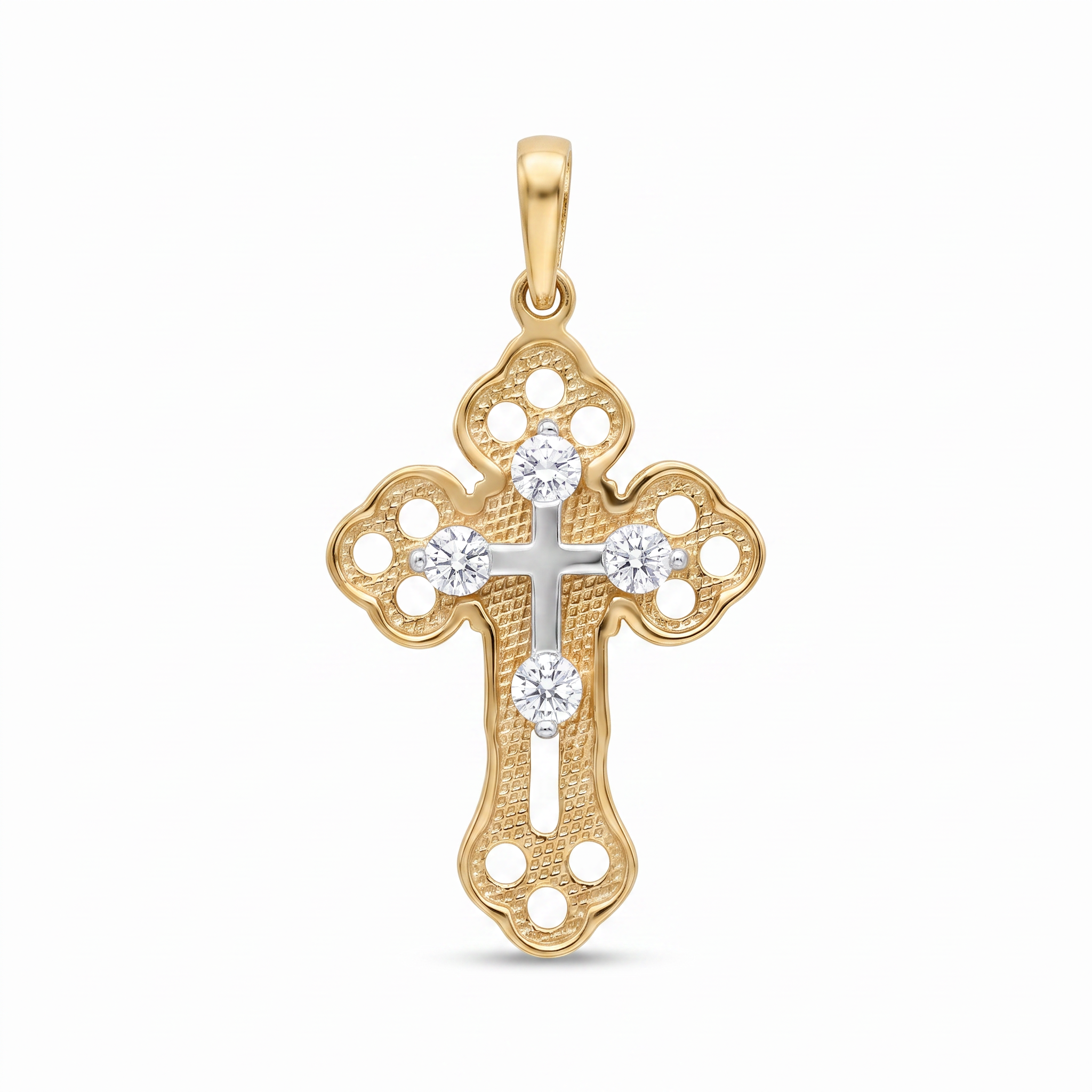 18K Two Tone Gold Cubic Zirconia Cross Pendant