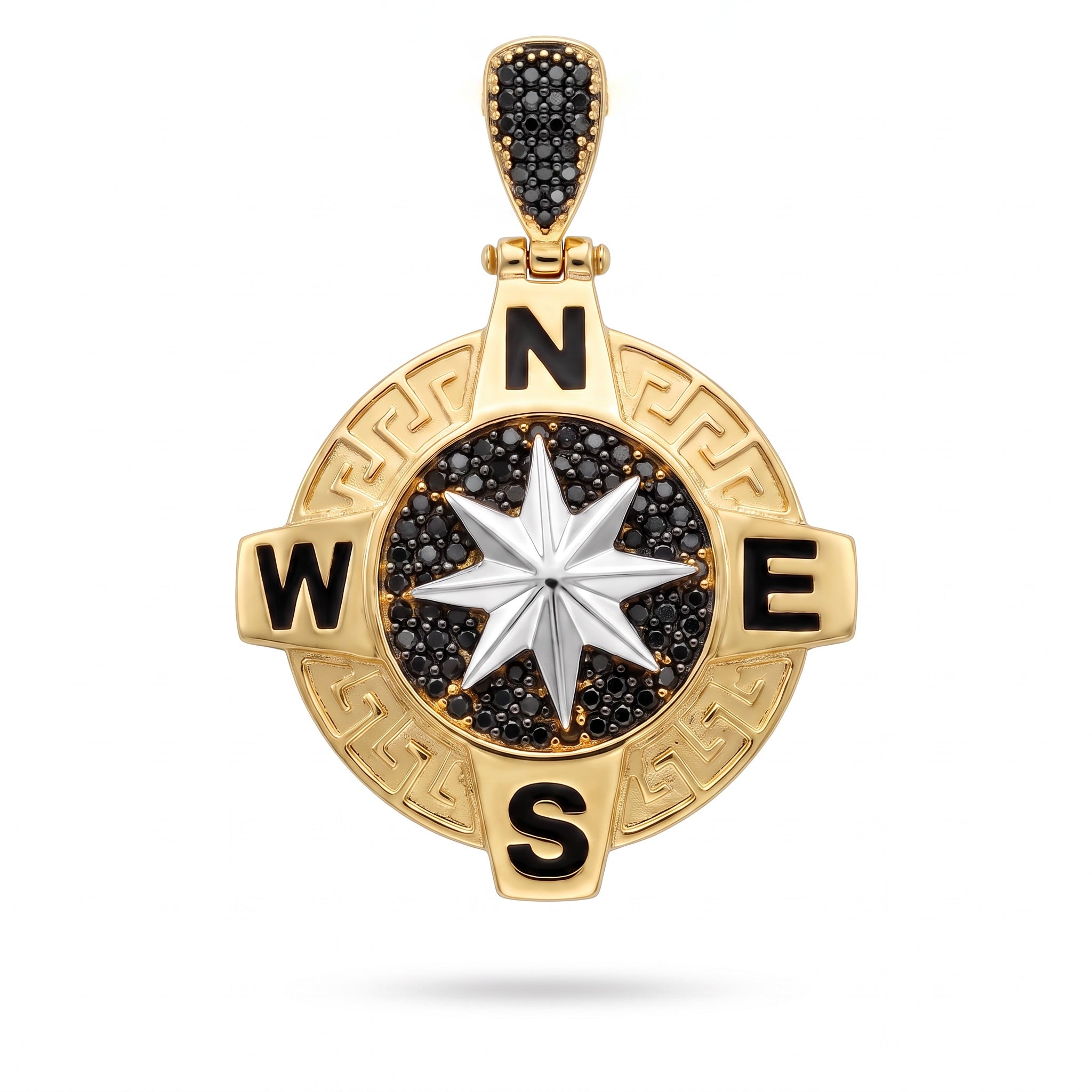 18K Two Tone Gold Black Enamel And Black Cubic Zirconia Compass Pendant