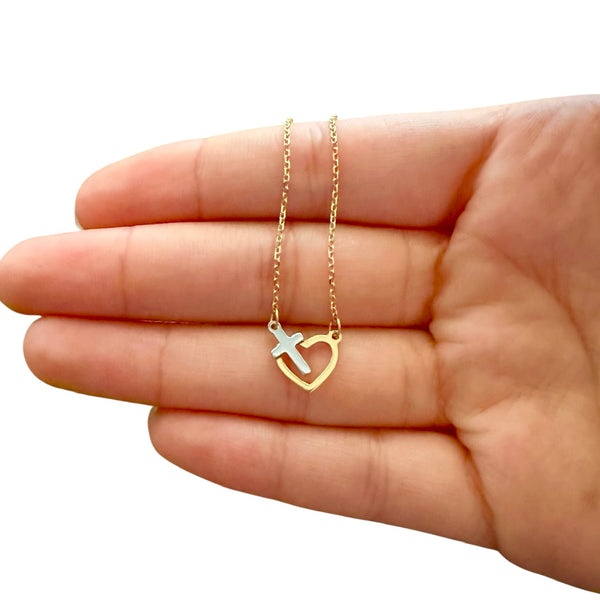 18K Gold Two Tone Cross and Heart Charm Chain Necklace