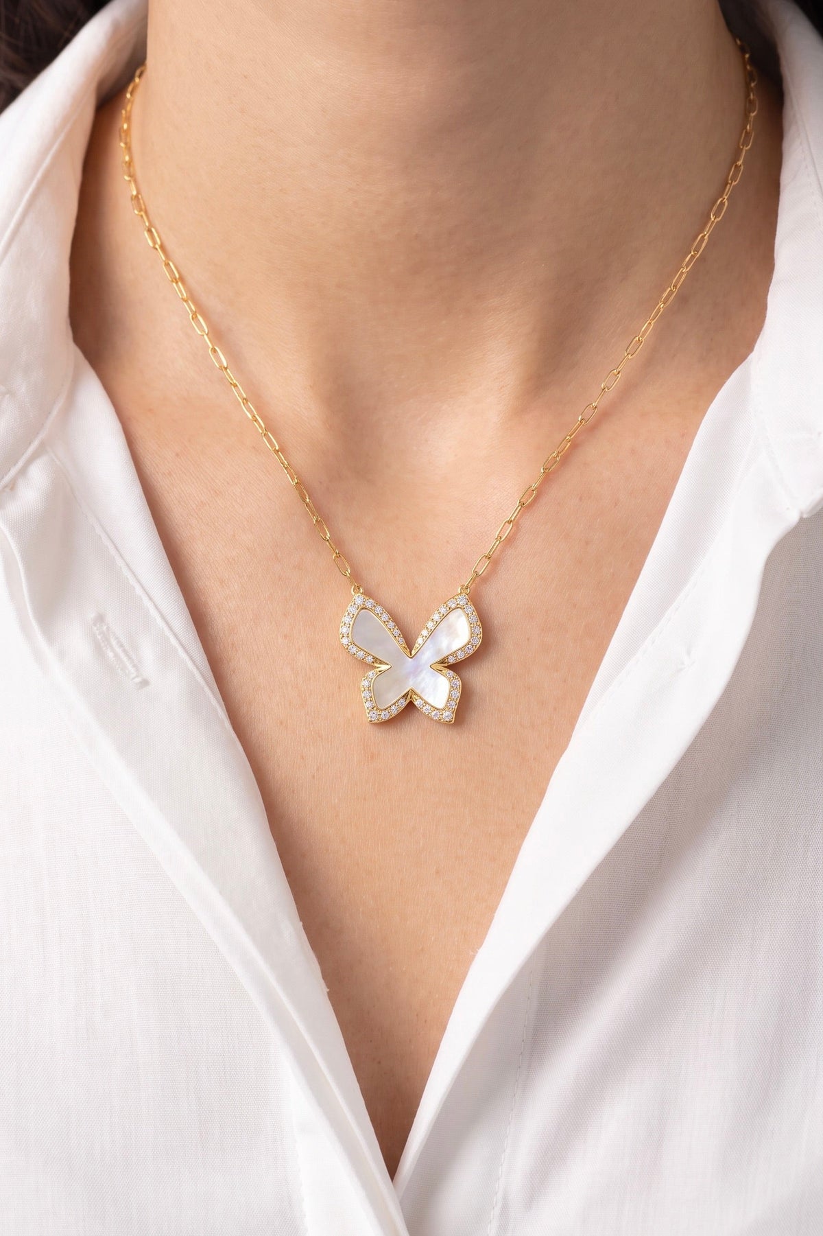 Diamond Yellow Gold Mother Of Pearl Butterfly Necklace