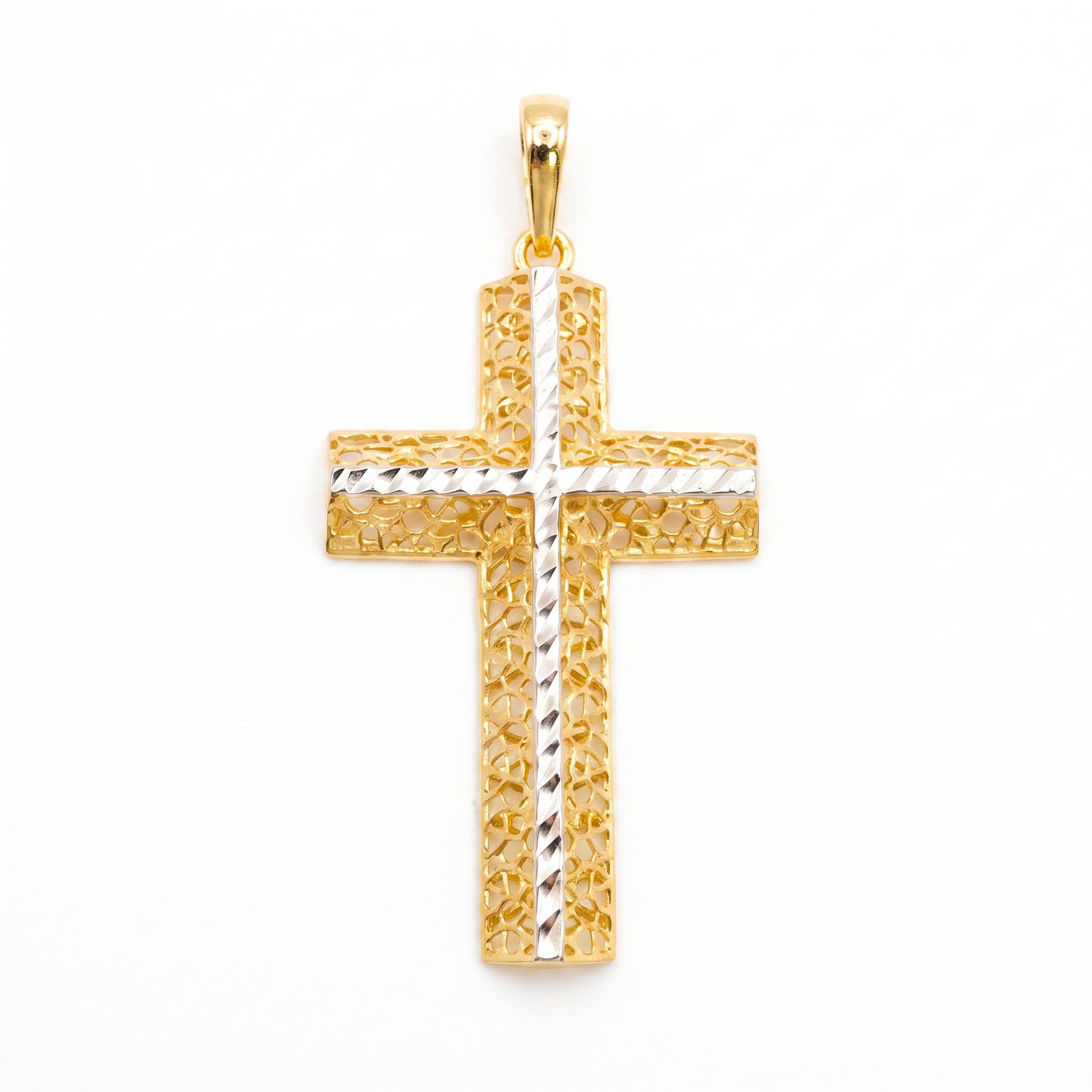 18K Two Tone Gold Filigree Diamond-Cut Cross Pendant