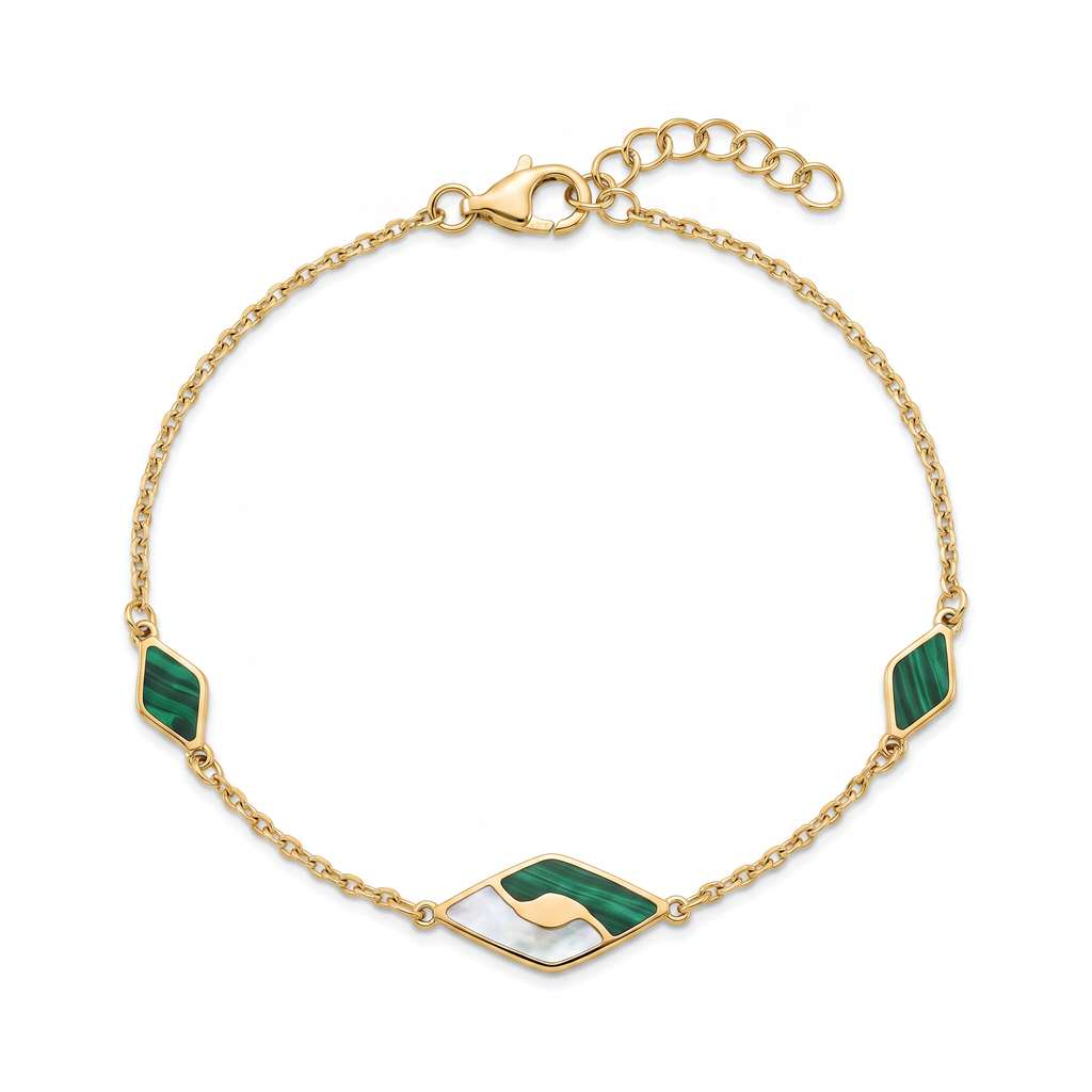 18K Yellow Gold Mother Of Pearl & Malachite Chain Bracelet