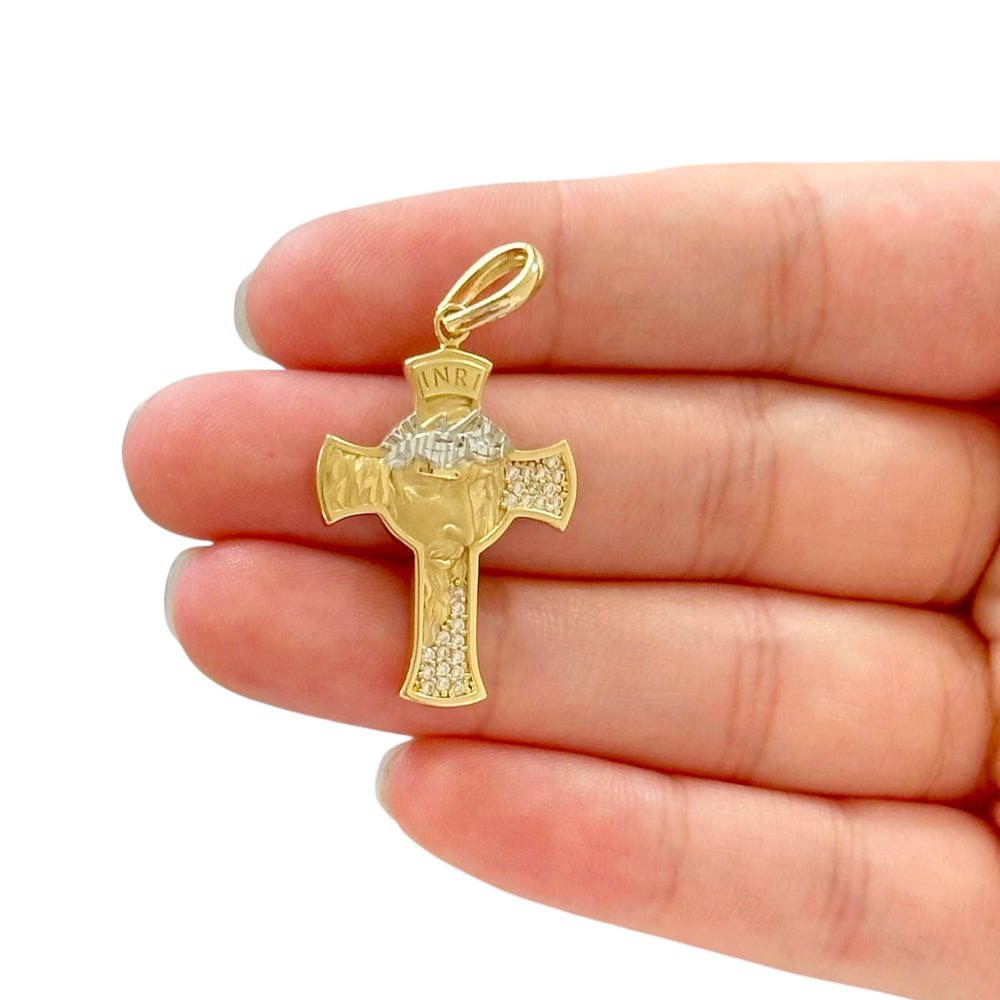 18K Gold Small Cubic Zirconia Two Tone Jesus Face Cross Pendant