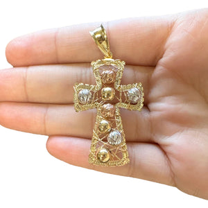 18K Gold XLarge Multicolor Wire Bead Cross Pendant