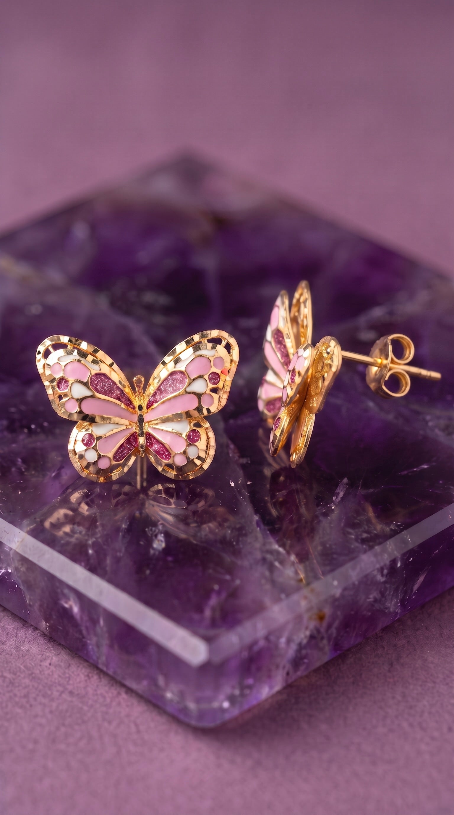 18K Yellow Gold White & Pink Enamel Butterfly Drop Earring