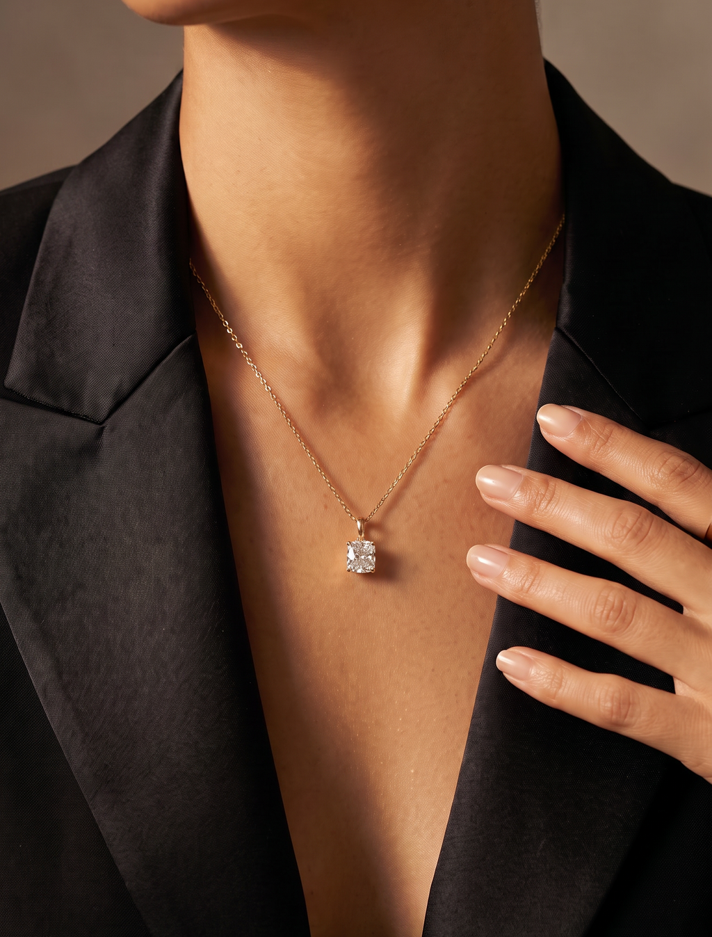 Lab Diamond Yellow Gold Elongated Cushion Solitaire Chain Necklace