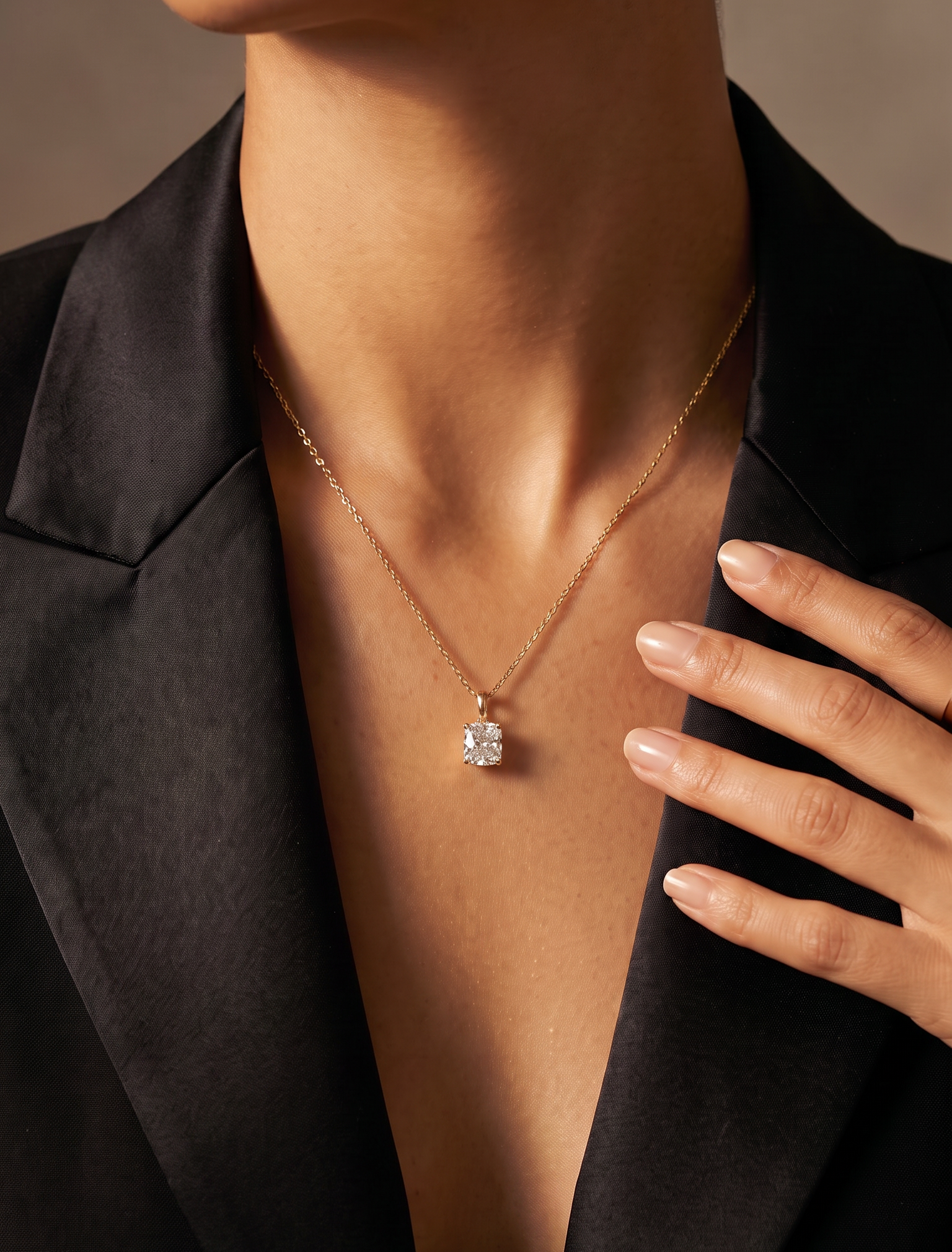 Lab Diamond Yellow Gold Elongated Cushion Solitaire Chain Necklace