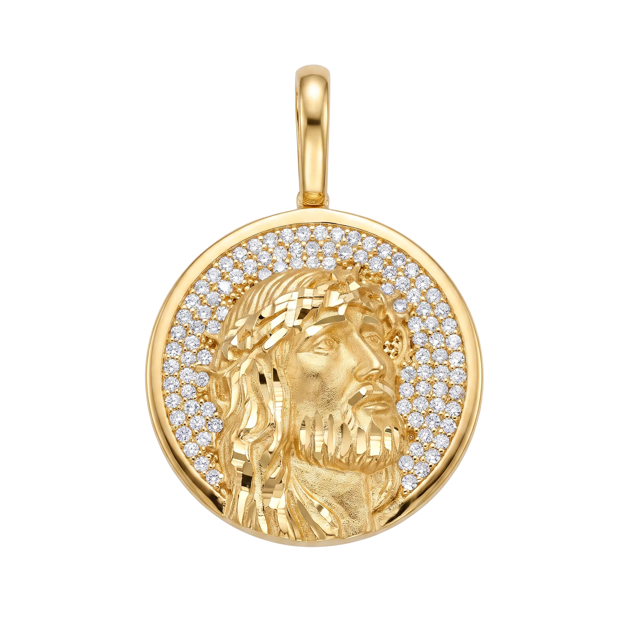 18K Yellow Gold Cubic Zirconia Pave 3D Jesus Icon Pendant