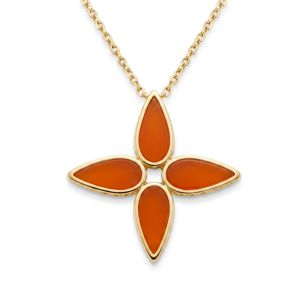 18K Yellow Gold Carnelian Flower Necklace