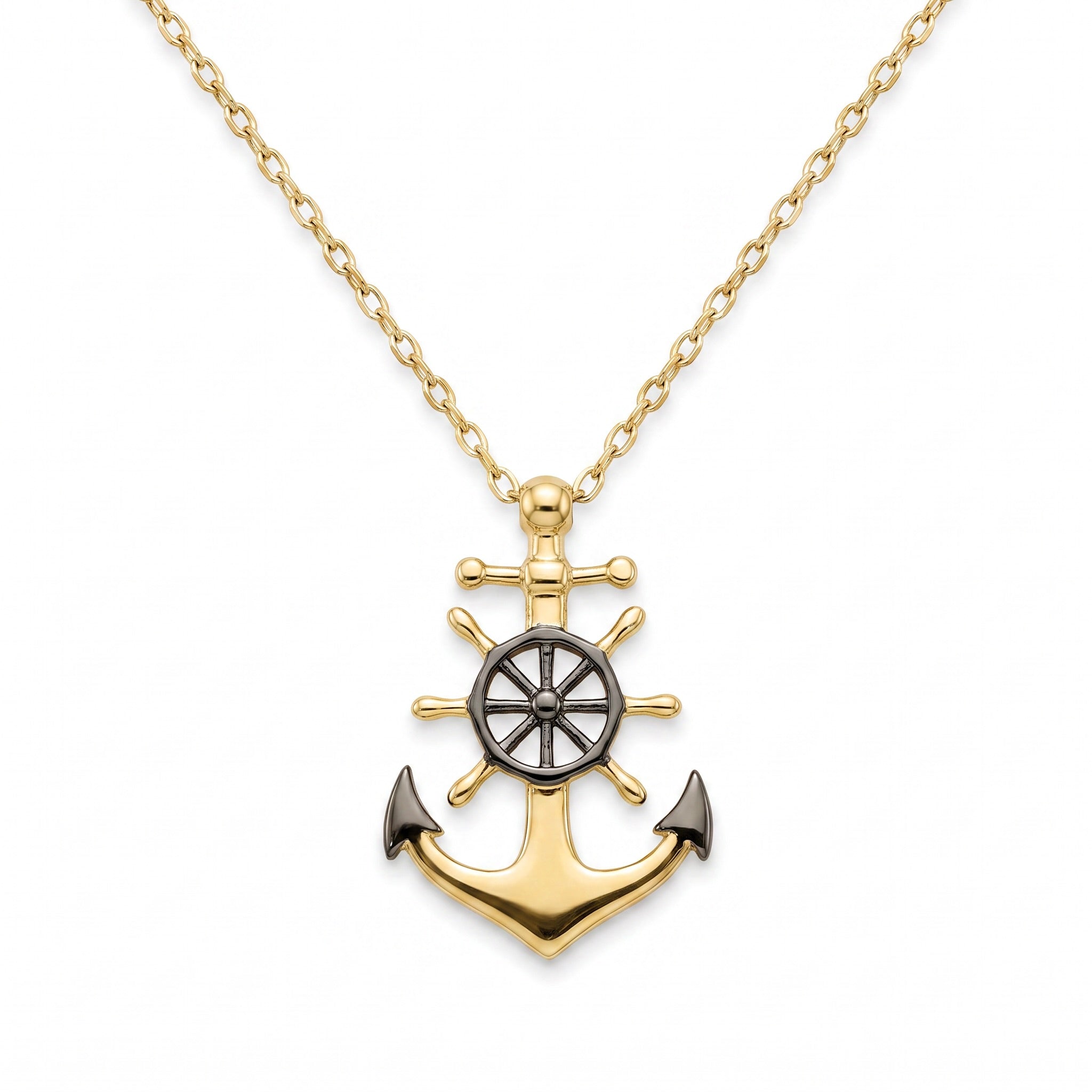 18K Yellow Gold Black Rhodium Anchor and Ship's Wheel Necklace