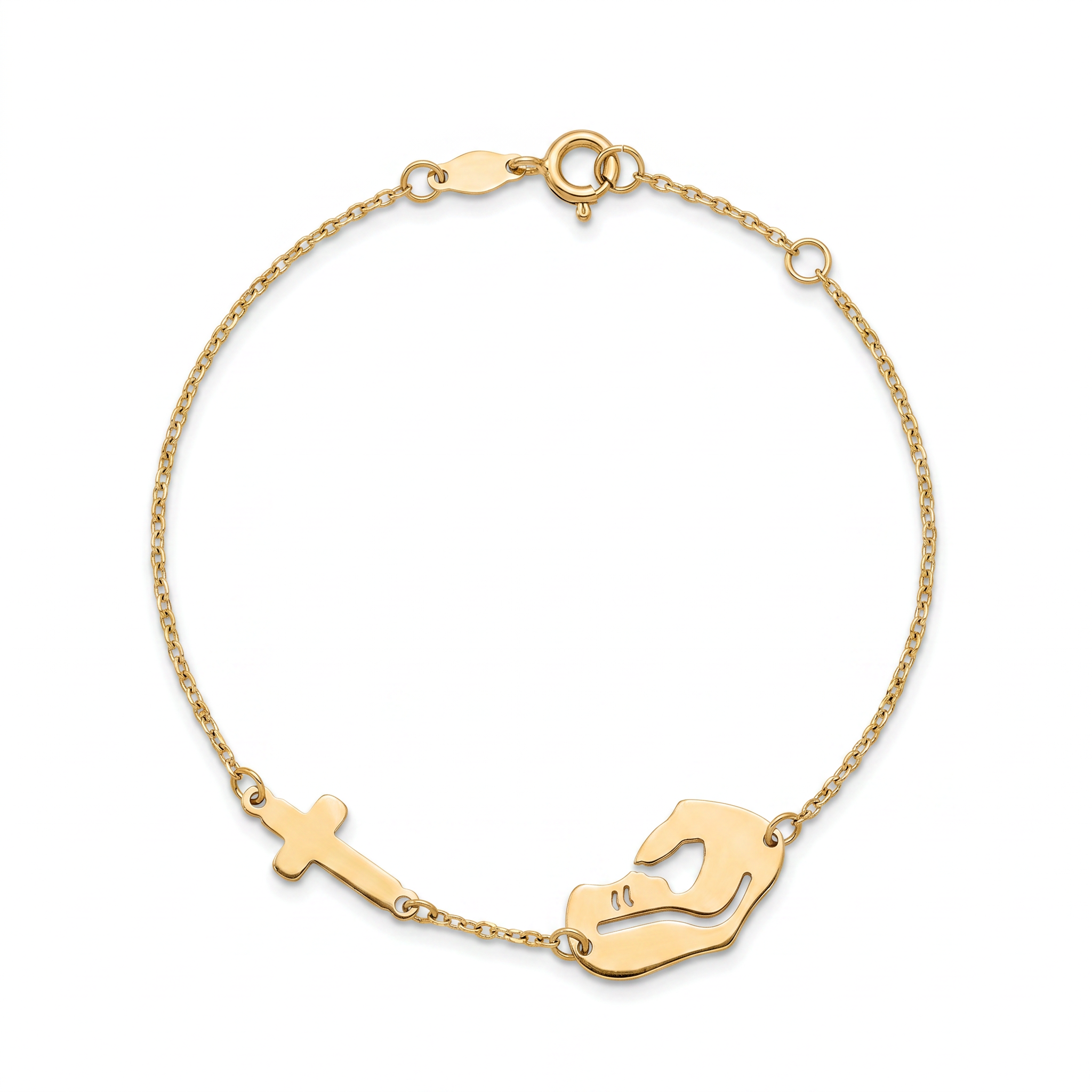 18K Yellow Gold Virgin Mary Cross Chain Bracelet