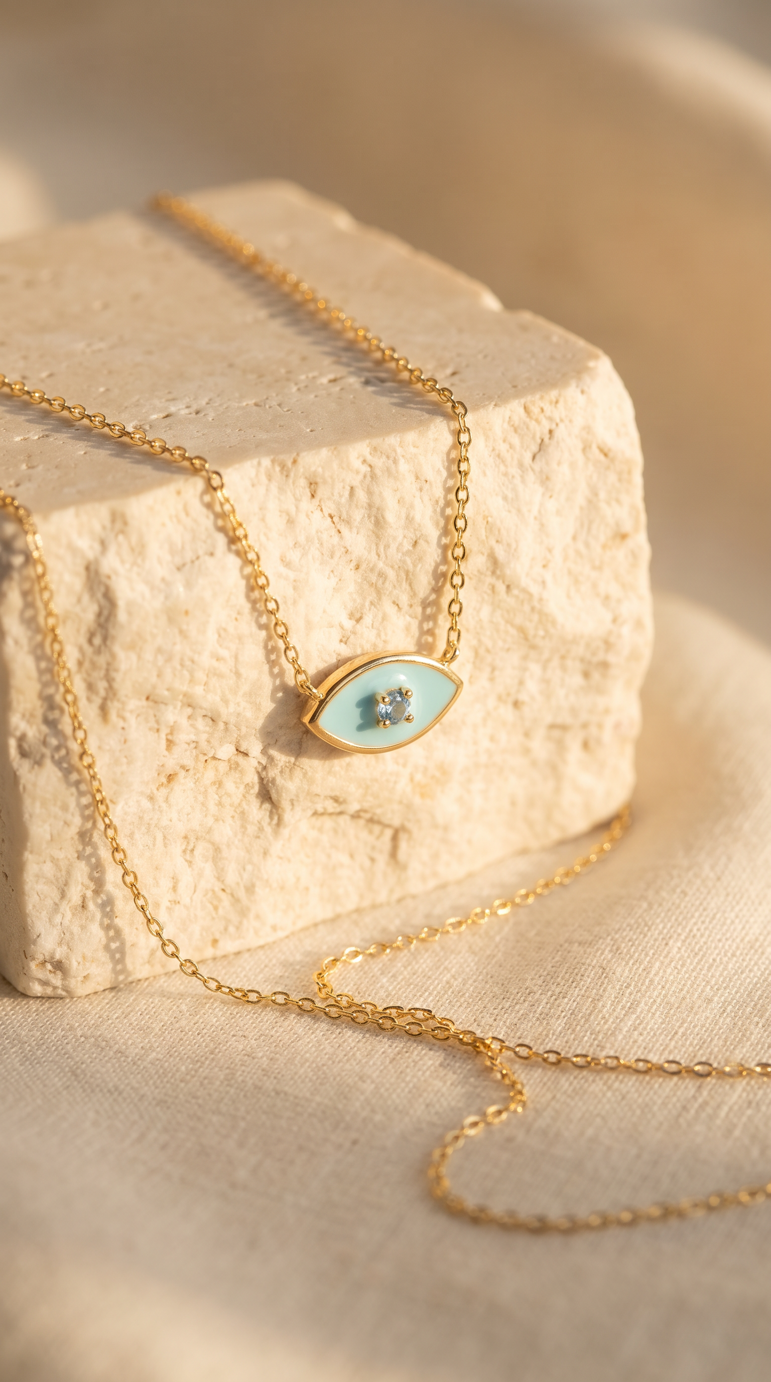 18K Yellow Gold Cyan Cubic Zirconia Enamel Eye Necklace