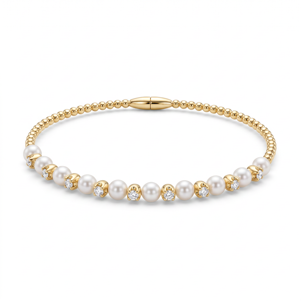 Diamond Yellow Gold Pearl Bangle Bracelet