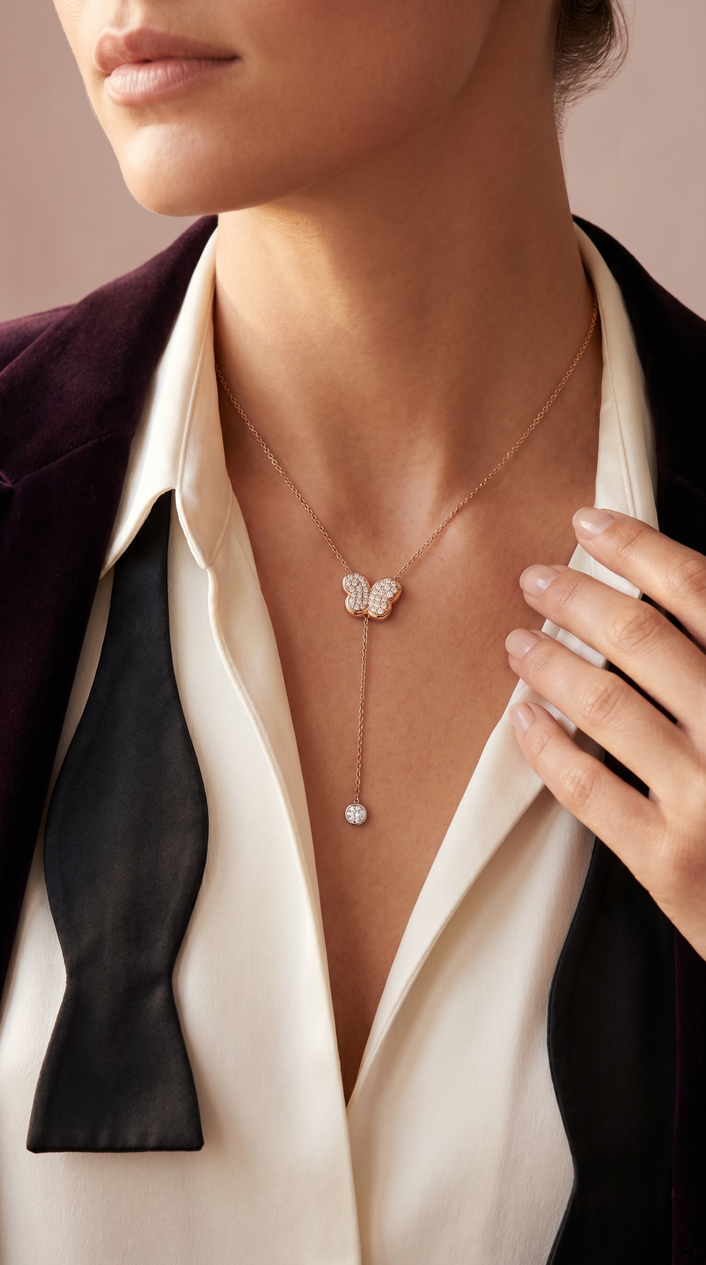 Diamond Two Tone Gold Butterfly Lariat Necklace