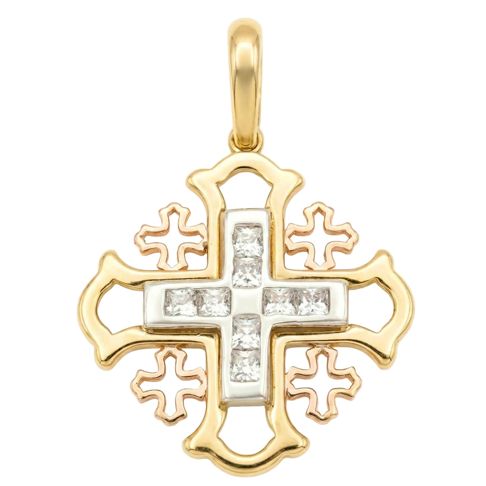 18K Multicolor Gold Cubic Zirconia Jerusalem Cross Pendant