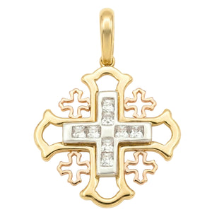 18K Multicolor Gold Cubic Zirconia Jerusalem Cross Pendant
