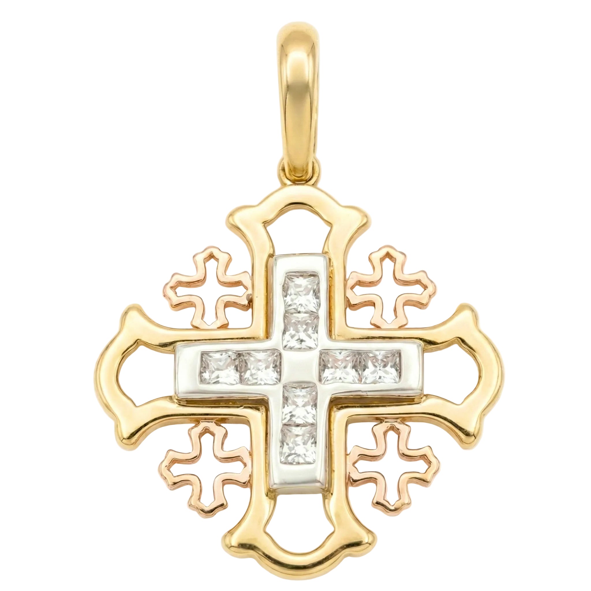 18K Multicolor Gold Cubic Zirconia Jerusalem Cross Pendant