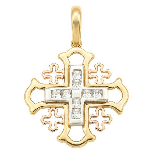 18K Multicolor Gold Cubic Zirconia Jerusalem Cross Pendant