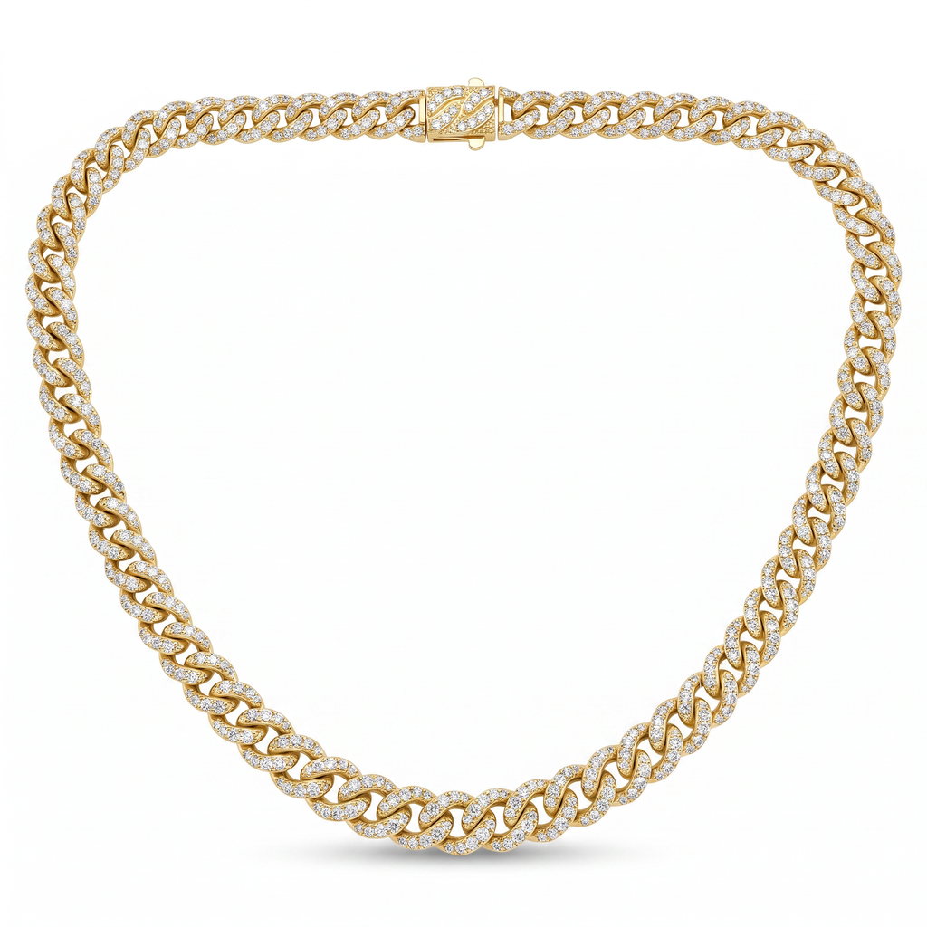 Lab Diamond Yellow Gold Cuban Link Chain Necklace