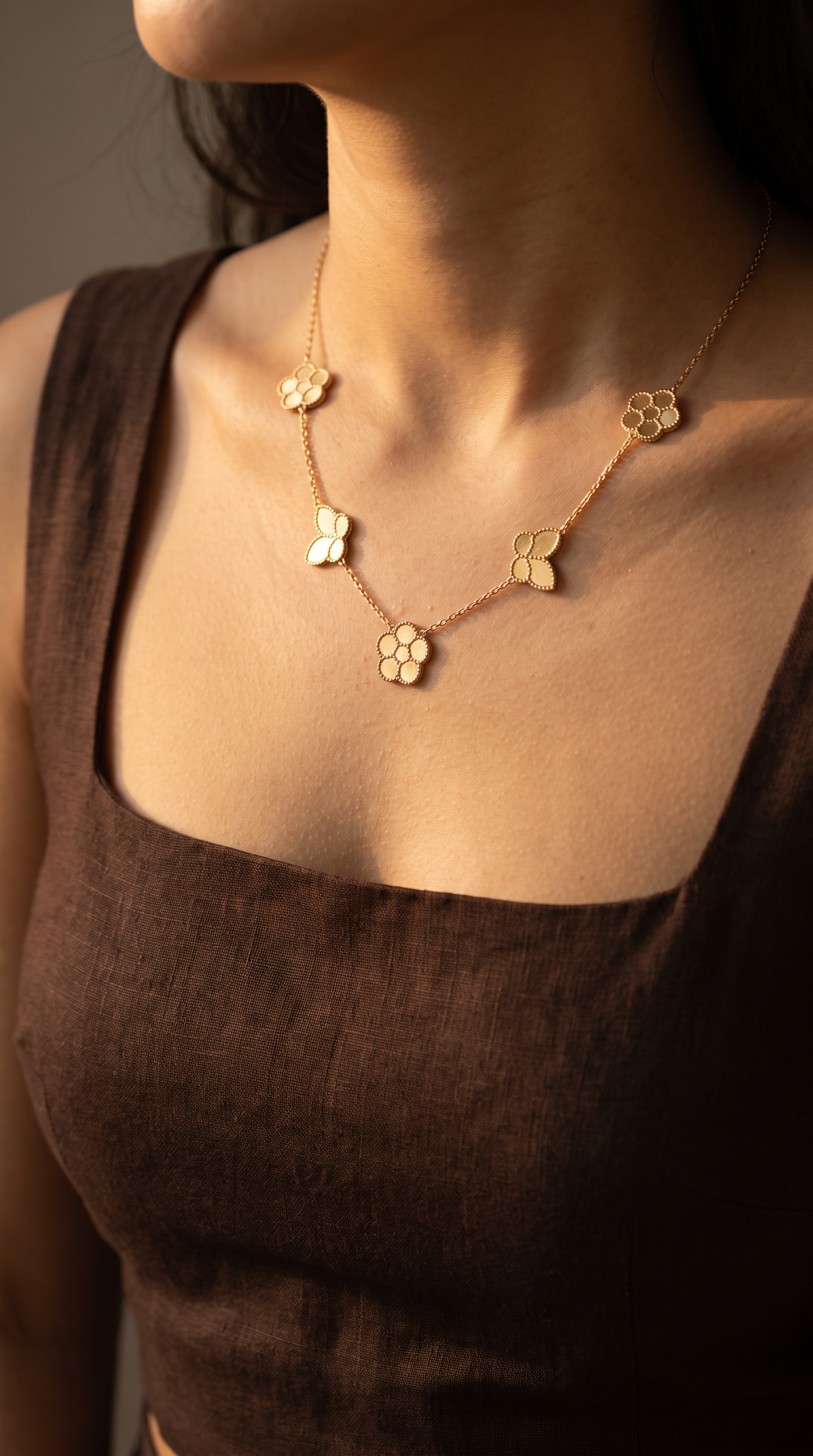 18K Yellow Gold Flower & Butterfly Chain Necklace