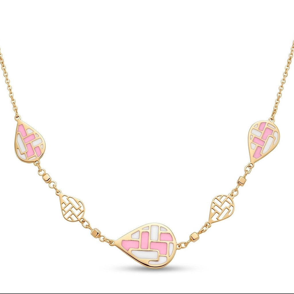 18K Yellow Gold White & Pink Enamel Teardrop Chain Necklace