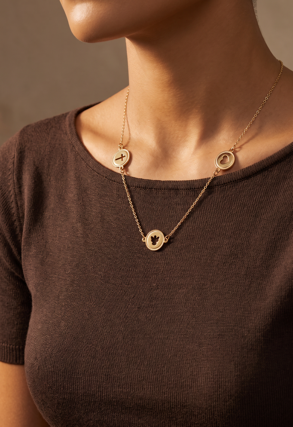 18K Yellow Gold Cross Angel & Heart Chain Necklace