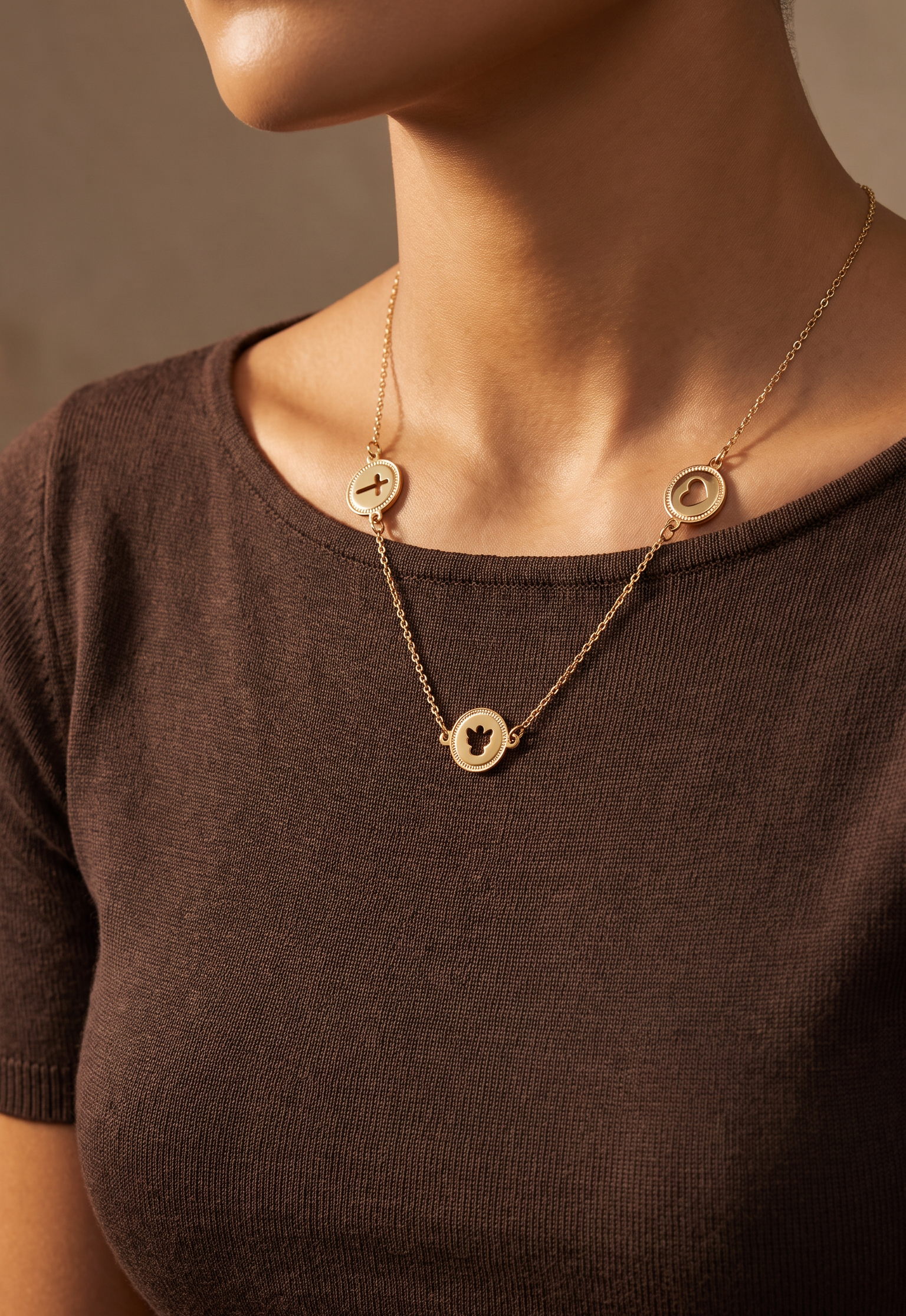 18K Yellow Gold Cross Angel & Heart Chain Necklace