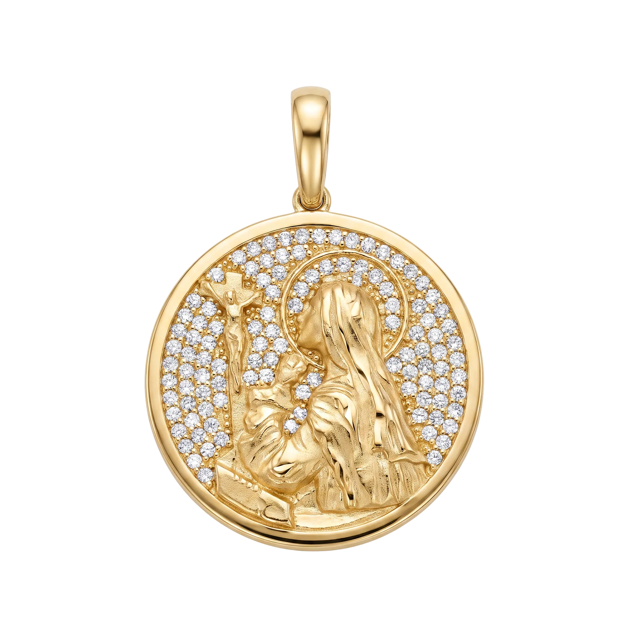 18K Yellow Gold Cubic Zirconia Pave Praying St. Mary Icon Pendant